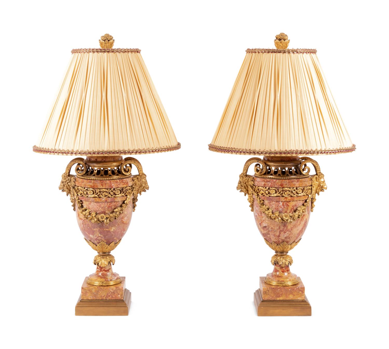 A Pair of Louis XVI Style Gilt Bronze and Marble Urns Mounted as Lamps