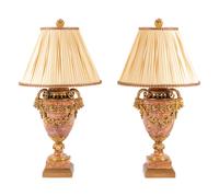 A Pair of Louis XVI Style Gilt Bronze and Marble Urns Mounted as Lamps