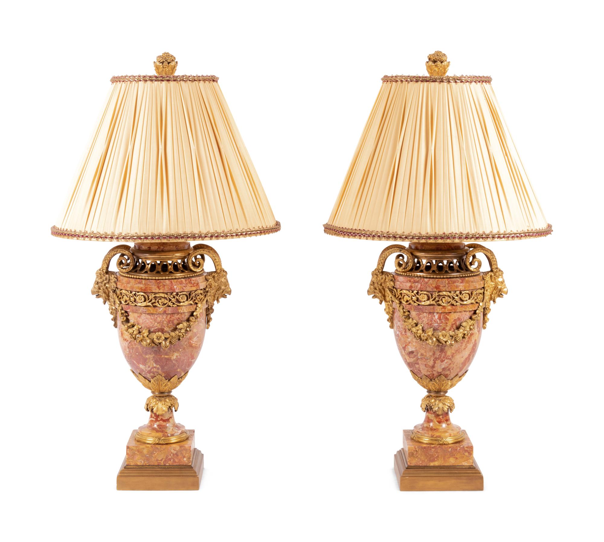 A Pair of Louis XVI Style Gilt Bronze and Marble Urns Mounted as Lamps