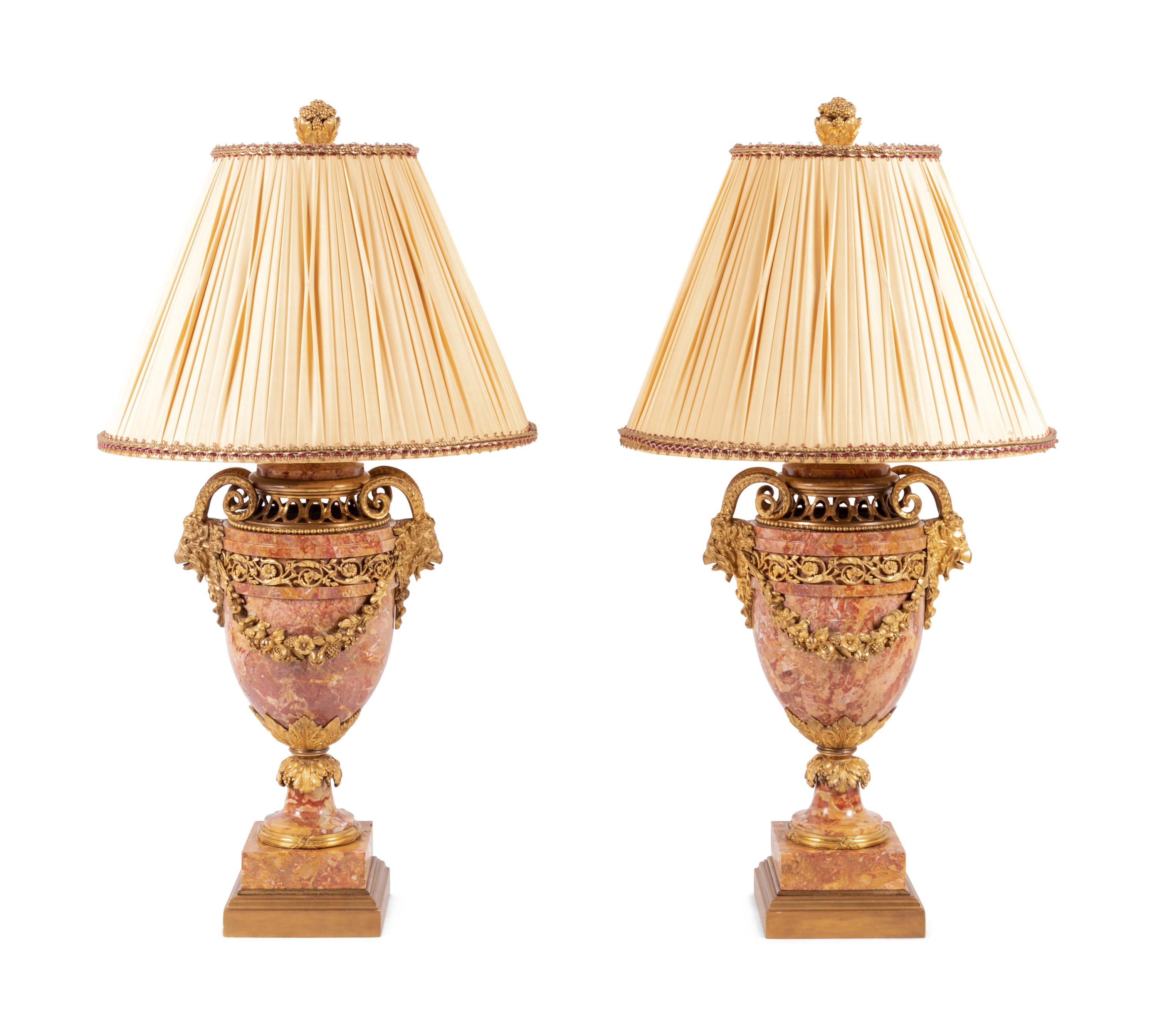 A Pair of Louis XVI Style Gilt Bronze and Marble Urns Mounted as Lamps