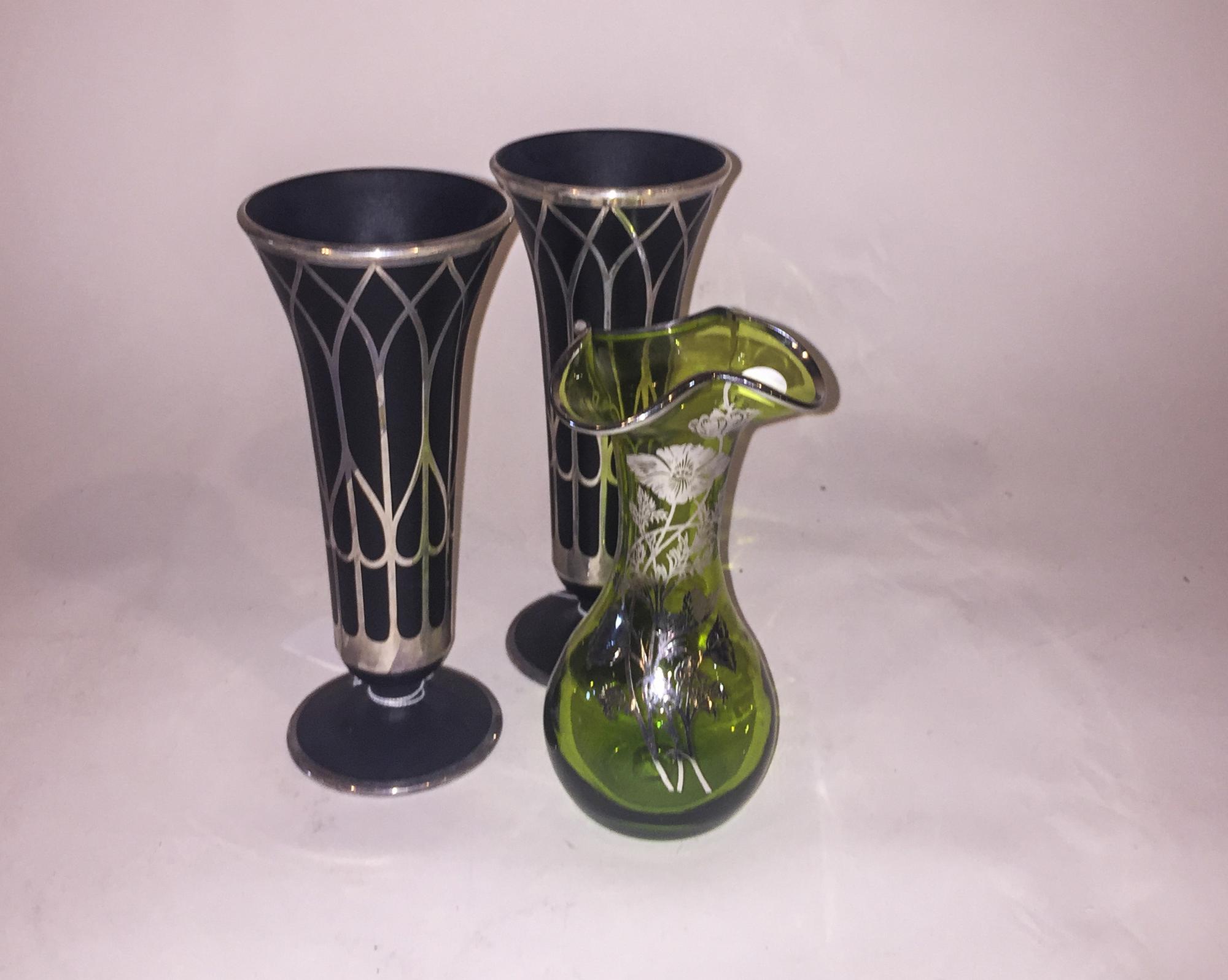 Three Silver Overlay Bases Height of pair 8 1/4 inches.