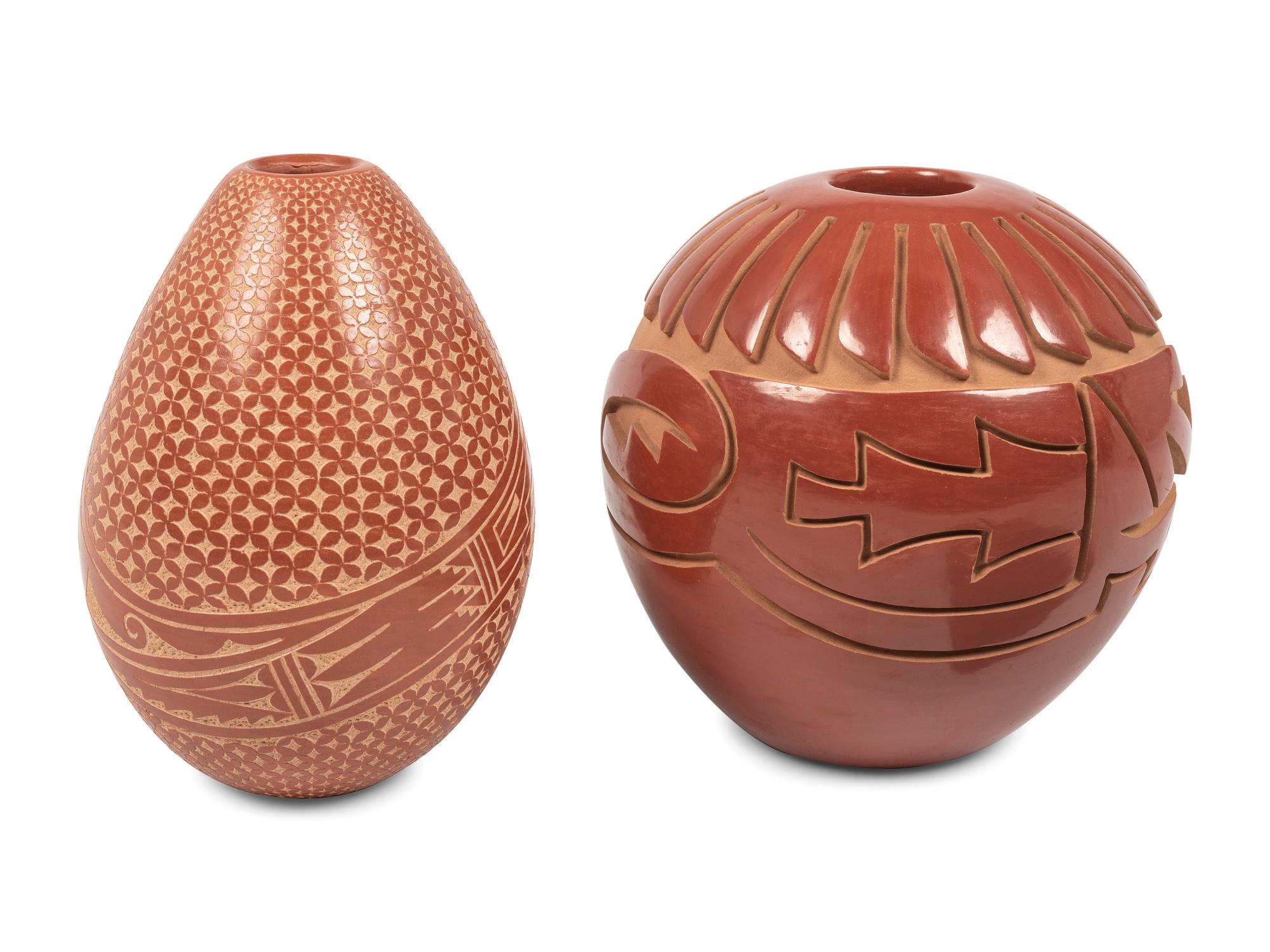 Carved Redware Pottery Jars