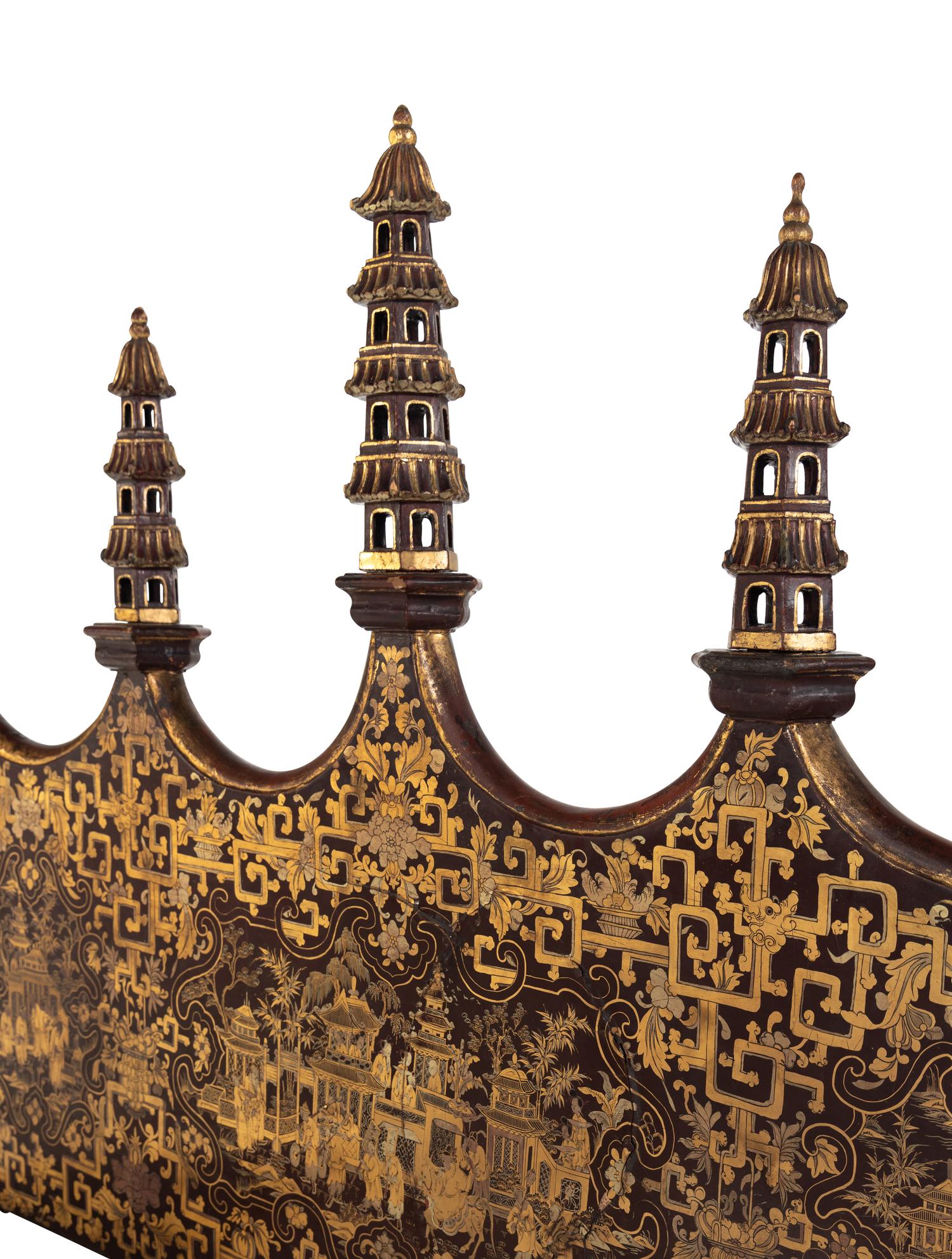 A Chinese Export Brown and Gold Lacquer Four-Post Canopy Bed