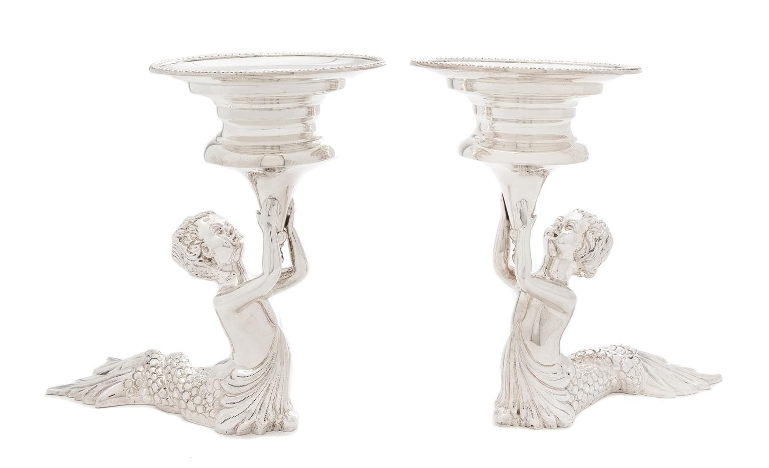 A Pair of English Silver Figural Tazze, C. J. Vander, Sheffield, Late 20th/Early 21st Century, each dish supported by a merchild figure