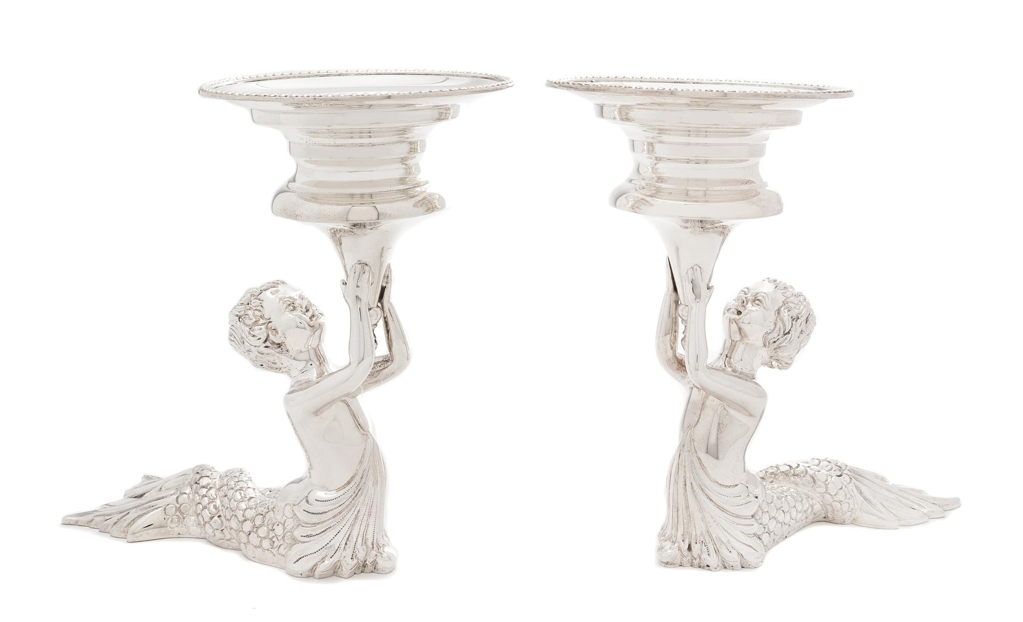 A Pair of English Silver Figural Tazze, C. J. Vander, Sheffield, Late 20th/Early 21st Century, each dish supported by a merchild figure