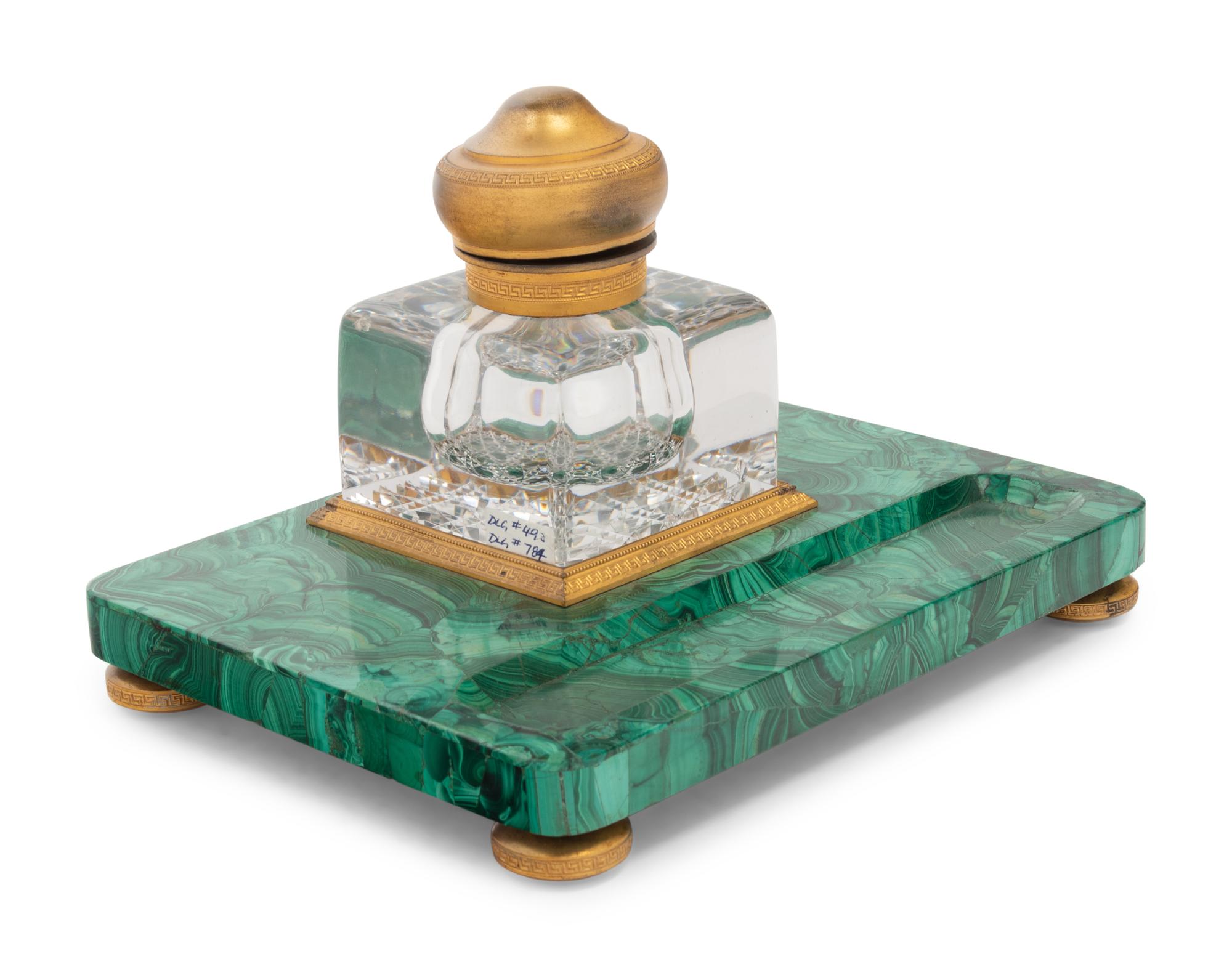 A Continental Gilt Bronze Mounted Malachite Veneered Inkstand