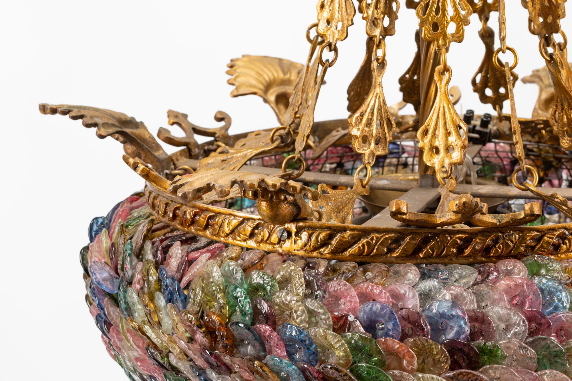 A Continental Gilt Bronze and Colored Glass Lantern