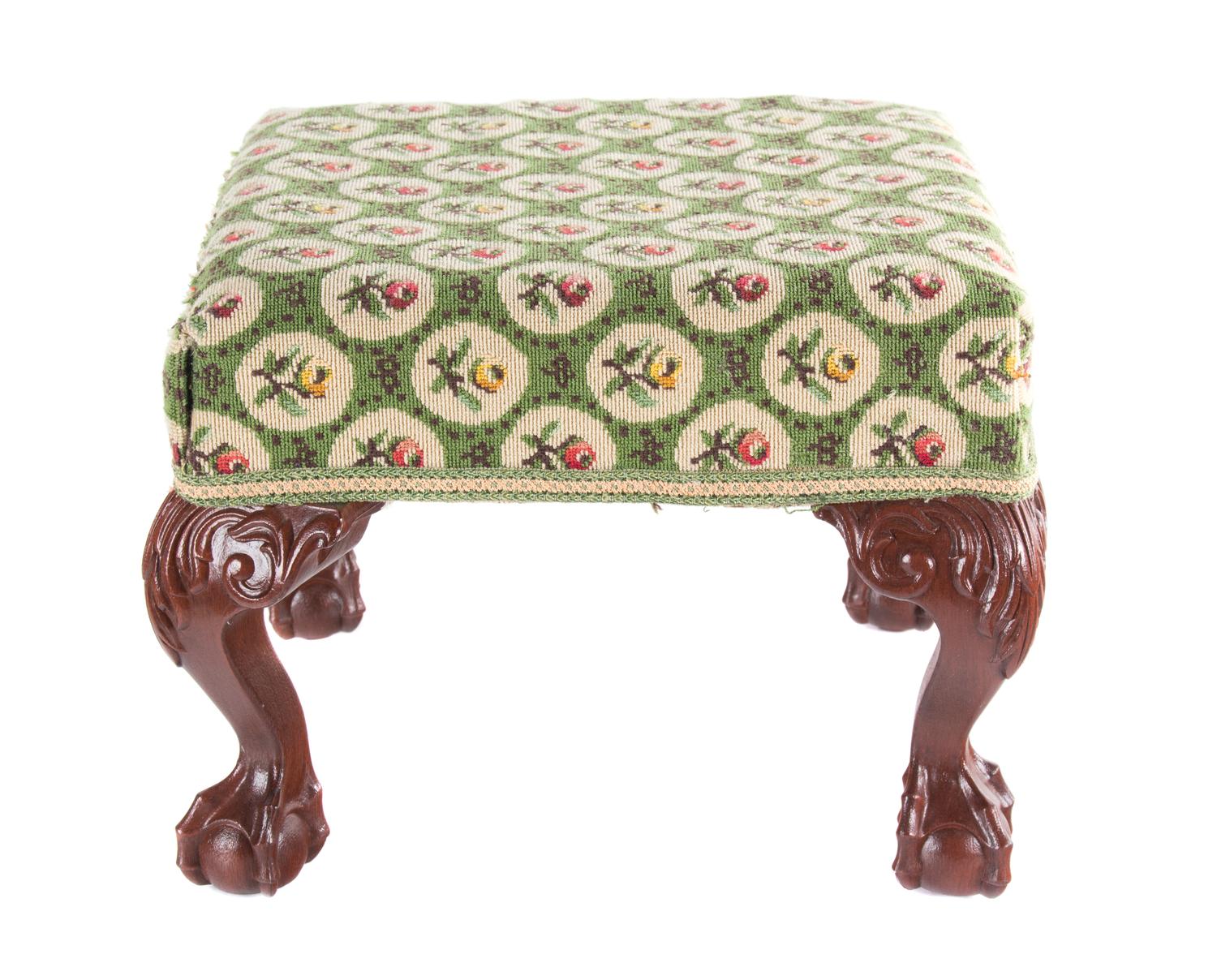 A Needlepoint Upholstered Footstool Height 12 x 15 inches square.