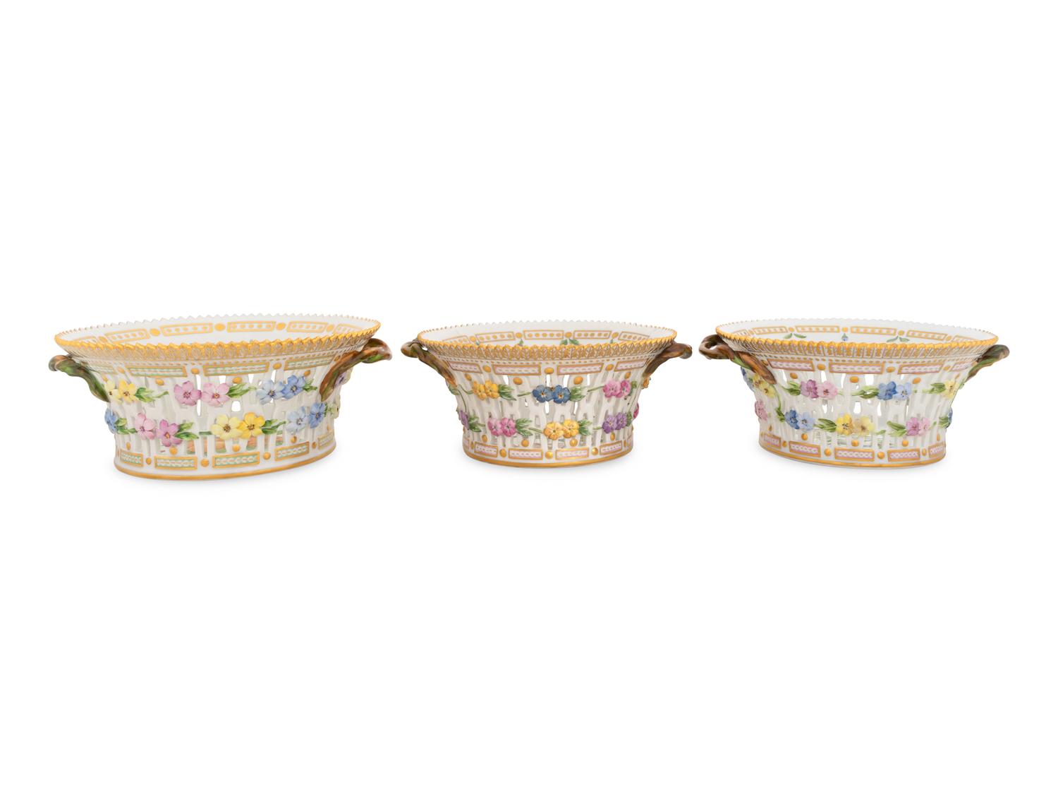 THIS LOT IS BEING BROKEN UP INTO TWO LOTS AND RELISTED (request of client) - A Set of Three Royal Copenhagen Flora Danica Reticulated Round Fruit Baskets