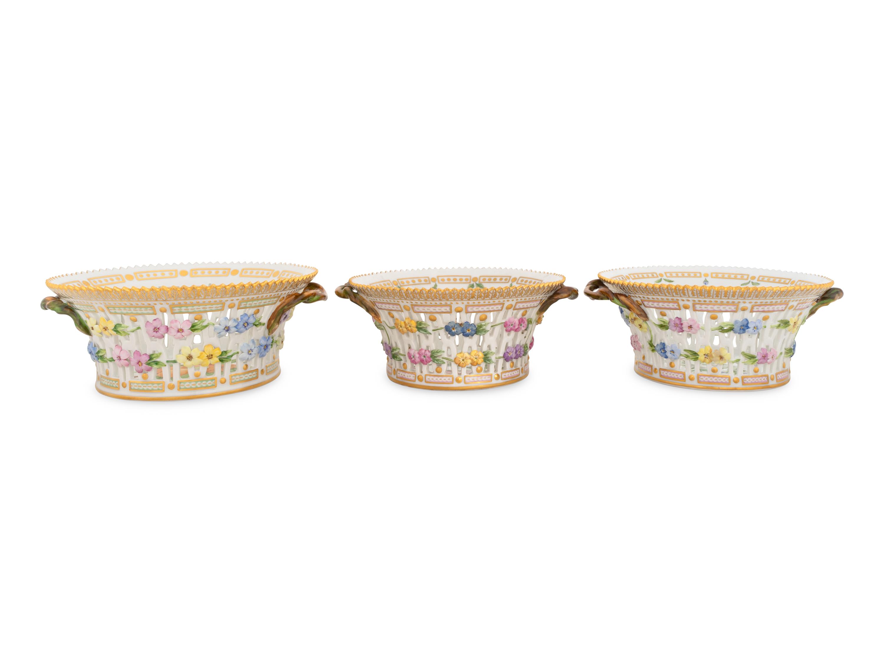 THIS LOT IS BEING BROKEN UP INTO TWO LOTS AND RELISTED (request of client) - A Set of Three Royal Copenhagen Flora Danica Reticulated Round Fruit Baskets