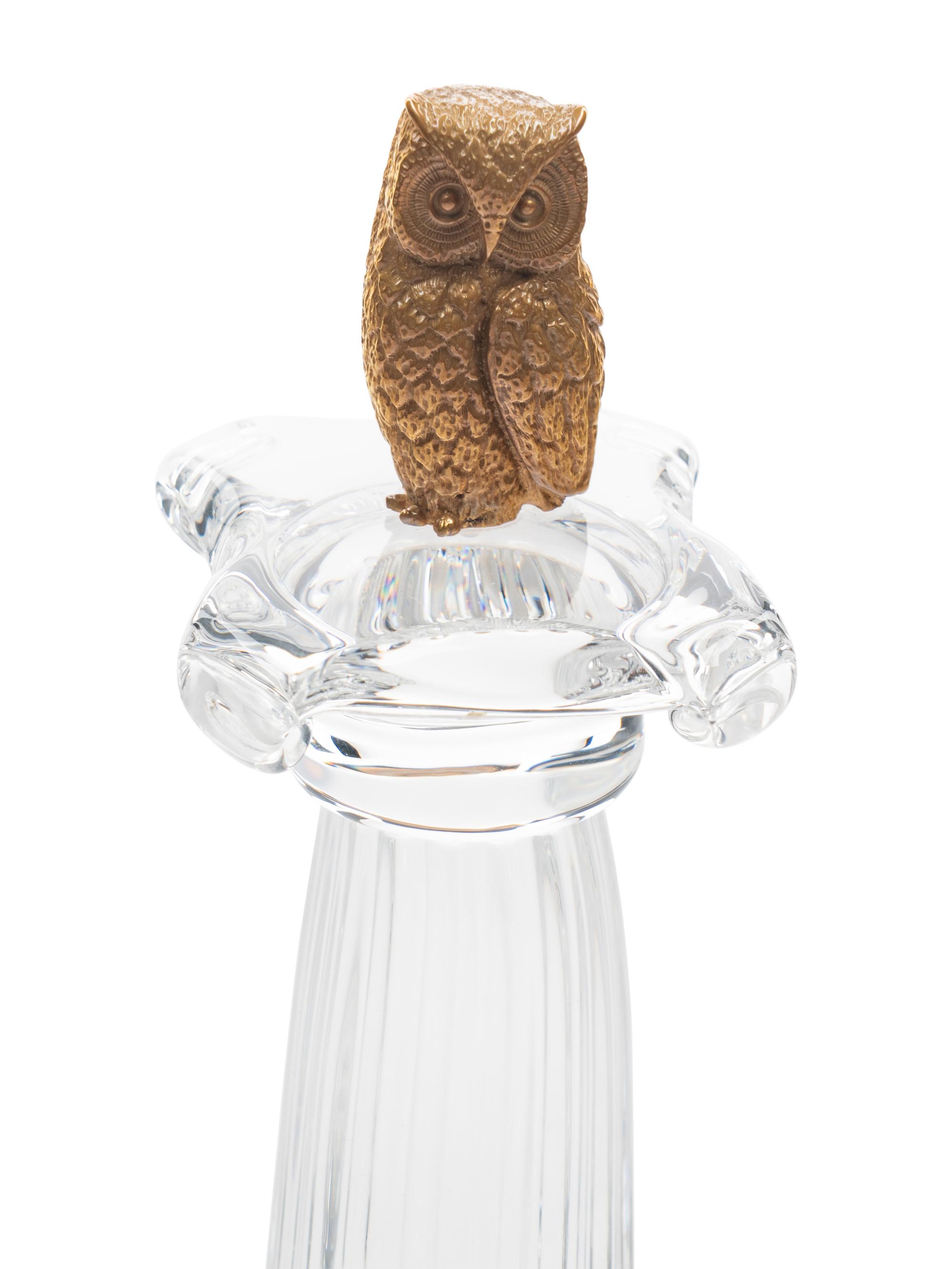 A Steuben Glass and 18 Karat Gold Column of the Owl Sculpture