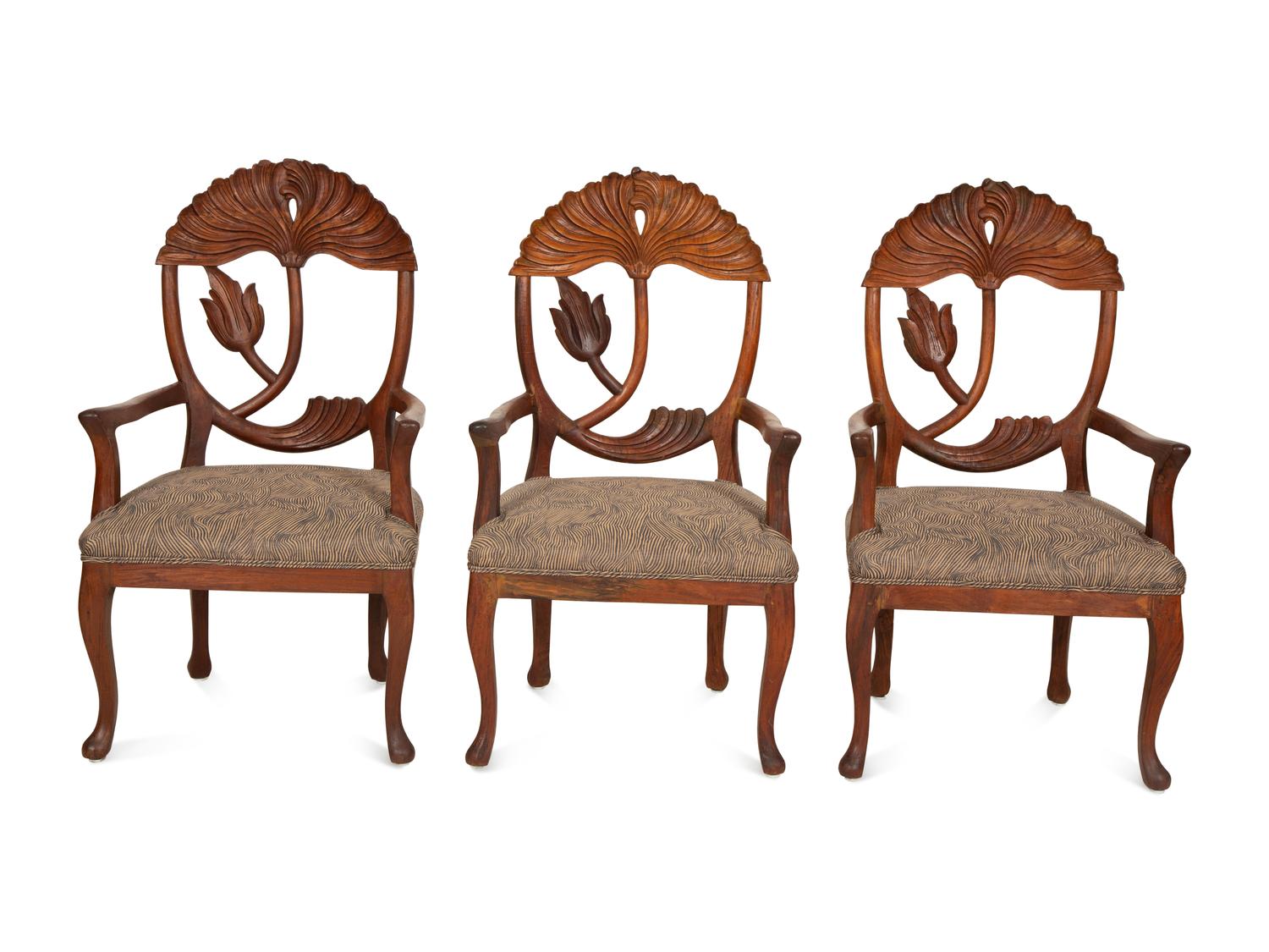 A Set of Five Carved Wood Lotus Flower Armchairs in the Manner of Phyllis Morris
