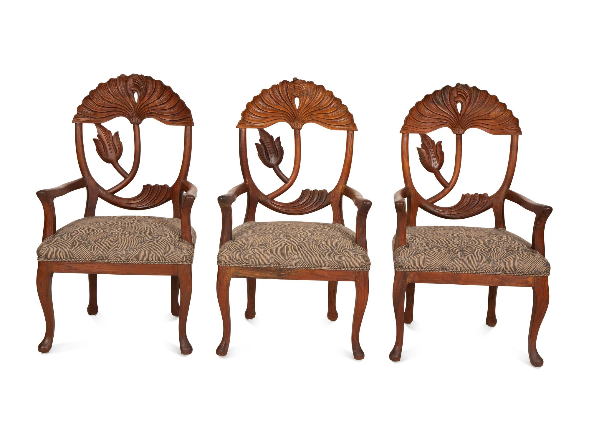 A Set of Five Carved Wood Lotus Flower Armchairs in the Manner of Phyllis Morris