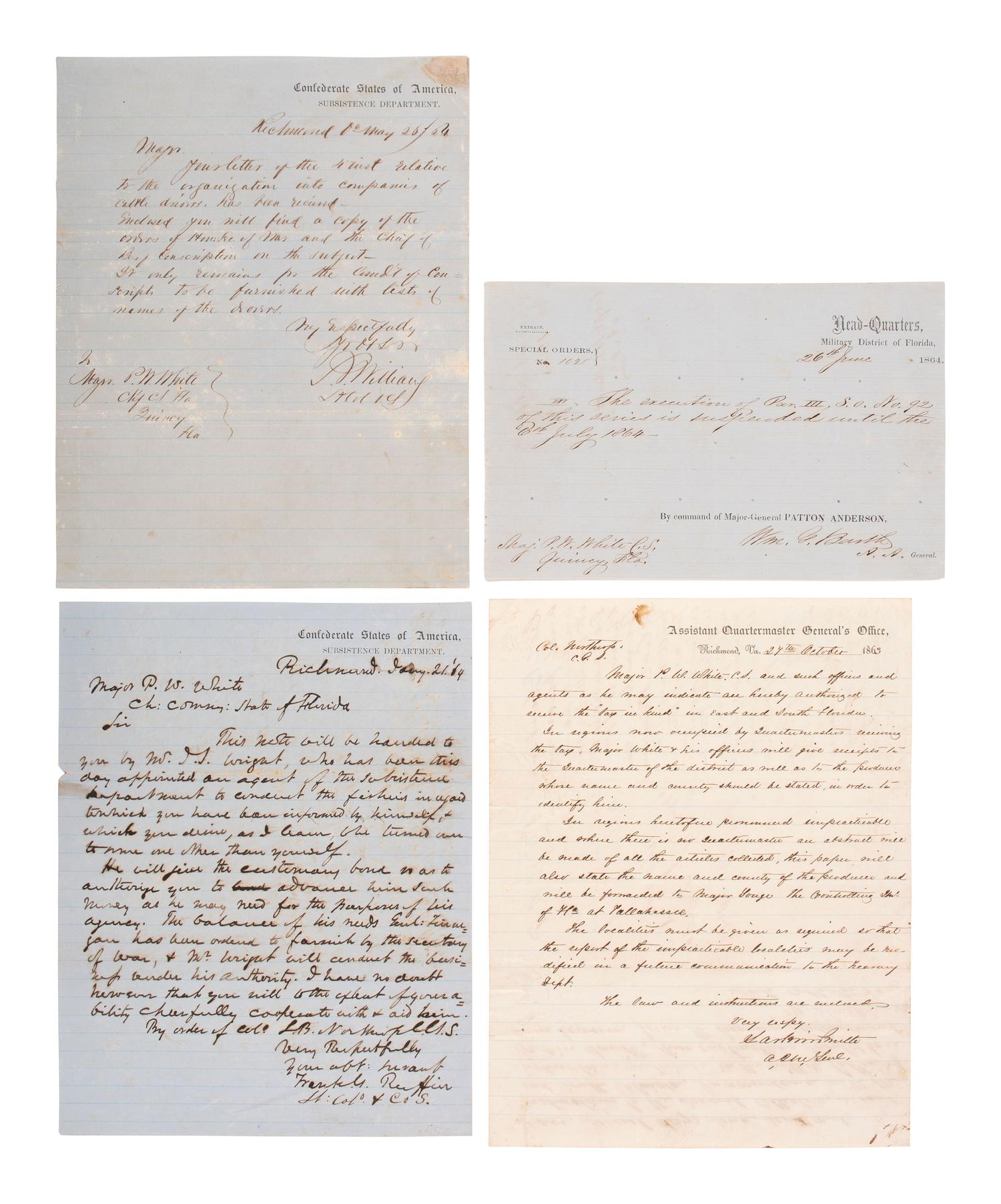 [CIVIL WAR] -- [CONFEDERATE]. A group of 8 documents associated with Major Pleasant W. White (1820-1919), CSA Chief Commissary Officer for Florida.