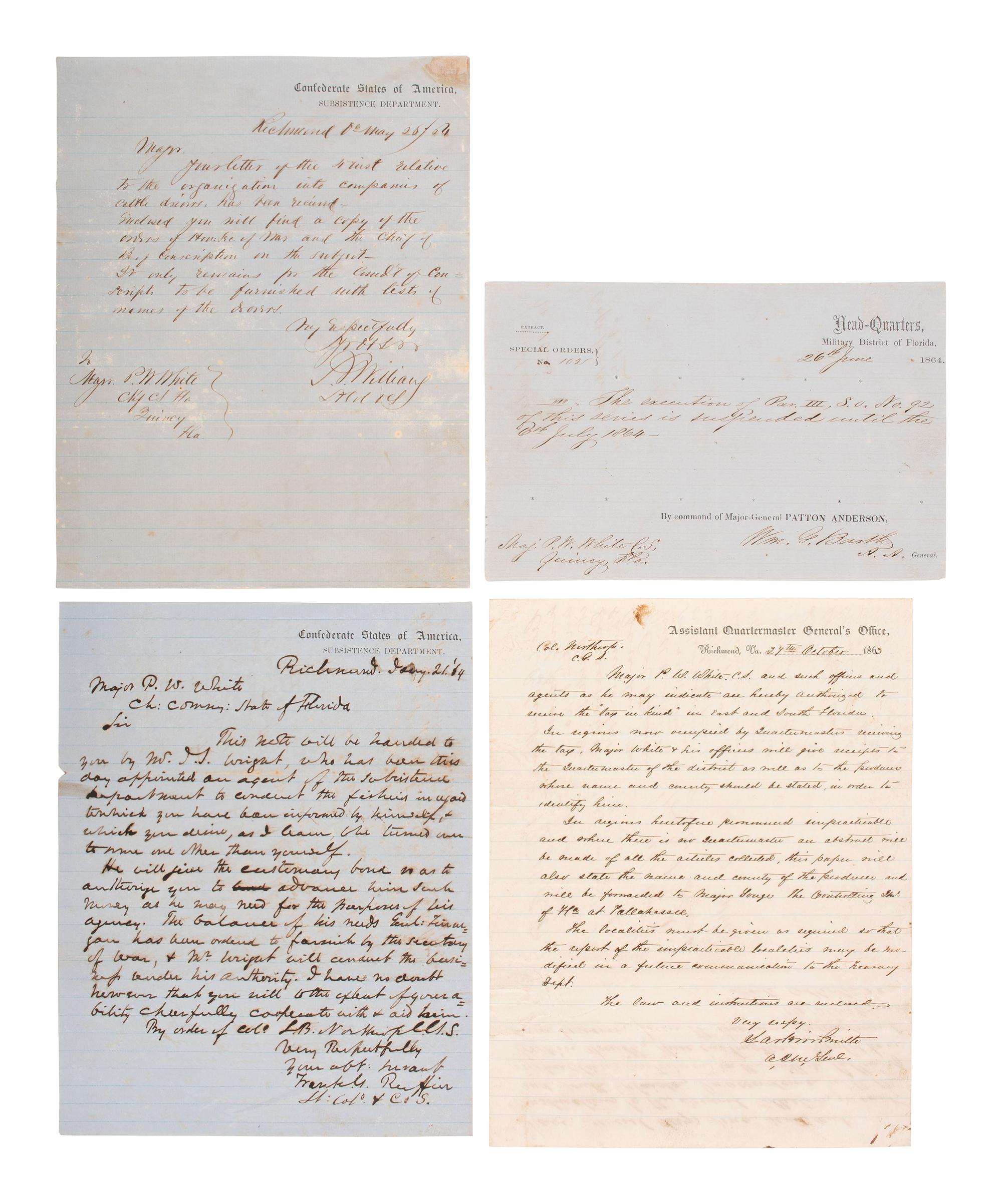 [CIVIL WAR] -- [CONFEDERATE]. A group of 8 documents associated with Major Pleasant W. White (1820-1919), CSA Chief Commissary Officer for Florida.