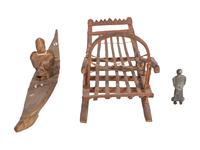 Inupiat Model Sled, Kayak, and Stone Figure, PLUS