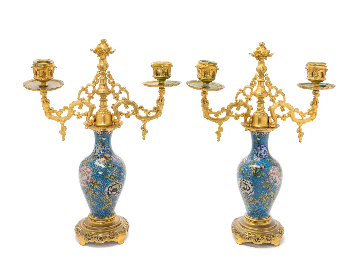 A Pair of French Gilt Bronze and Cloisonne Two-Light Candelabra Height 13 5/8 inches. — ATTRIBUTED TO EDOUARD LIEVRE, PARIS