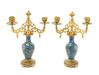 A Pair of French Gilt Bronze and Cloisonne Two-Light Candelabra Height 13 5/8 inches. — ATTRIBUTED TO EDOUARD LIEVRE, PARIS