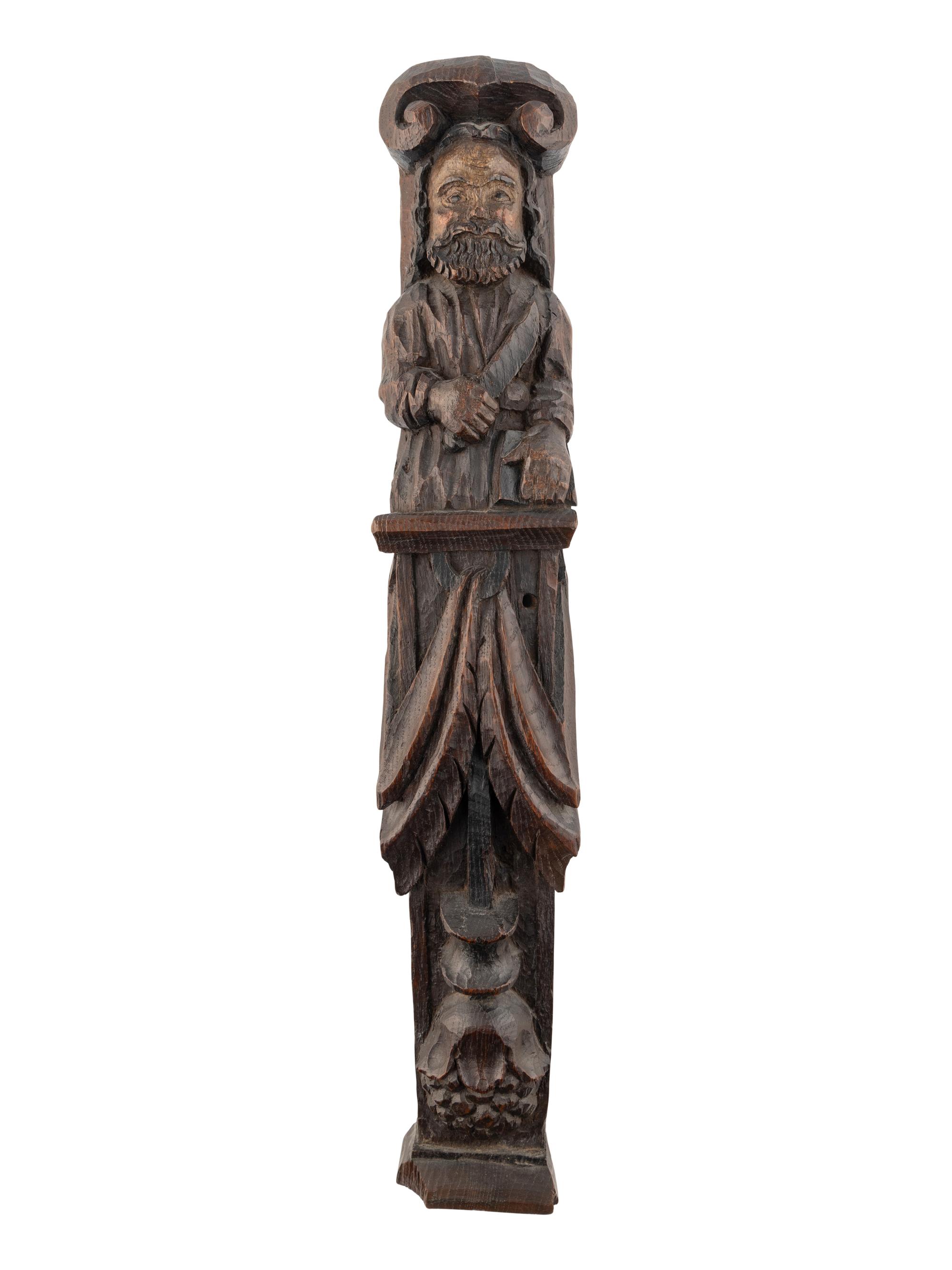 A Carved Oak and Polychrome Decorated Figural Pilaster
