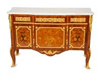 A Pair of Louis XV/XVI Transitional Style Gilt Bronze Mounted Marquetry Marble-Top Commodes