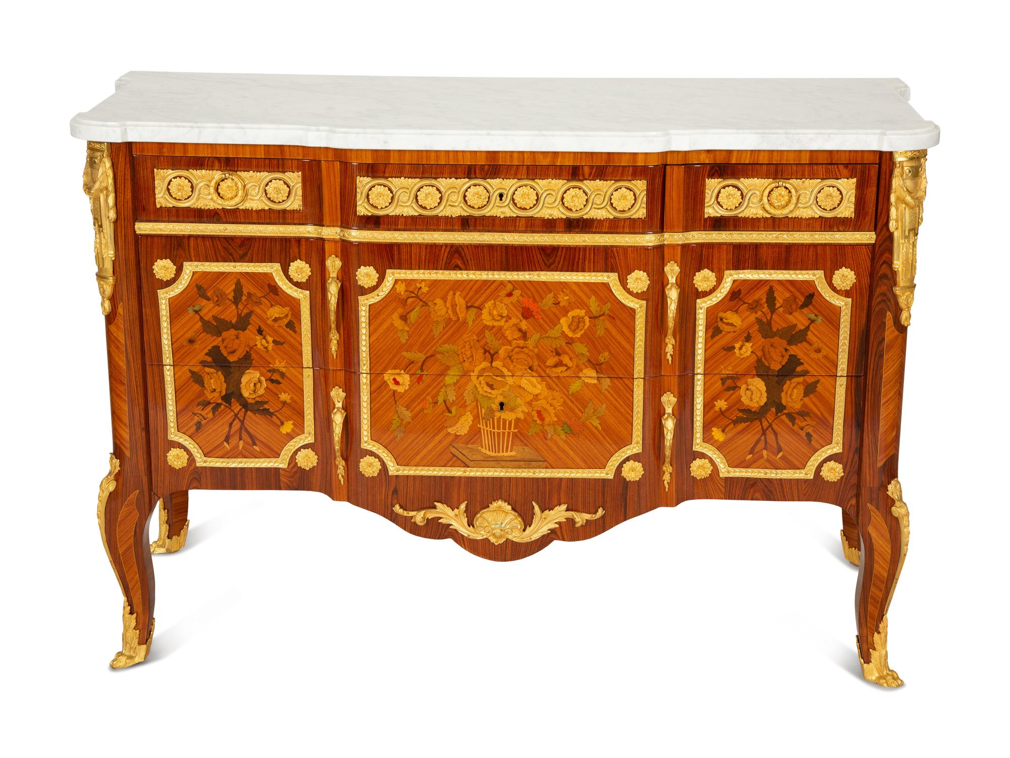 A Pair of Louis XV/XVI Transitional Style Gilt Bronze Mounted Marquetry Marble-Top Commodes