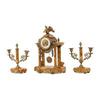 A French Gilt-Bronze and Sienna Marble Three-Piece Clock Garniture