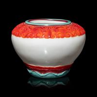 A Chinese Turquoise and Ruby Overlay White Glass Water Pot, Qianlong Mark and Period 清乾隆 白地套彩料饕餮蓮紋水盂