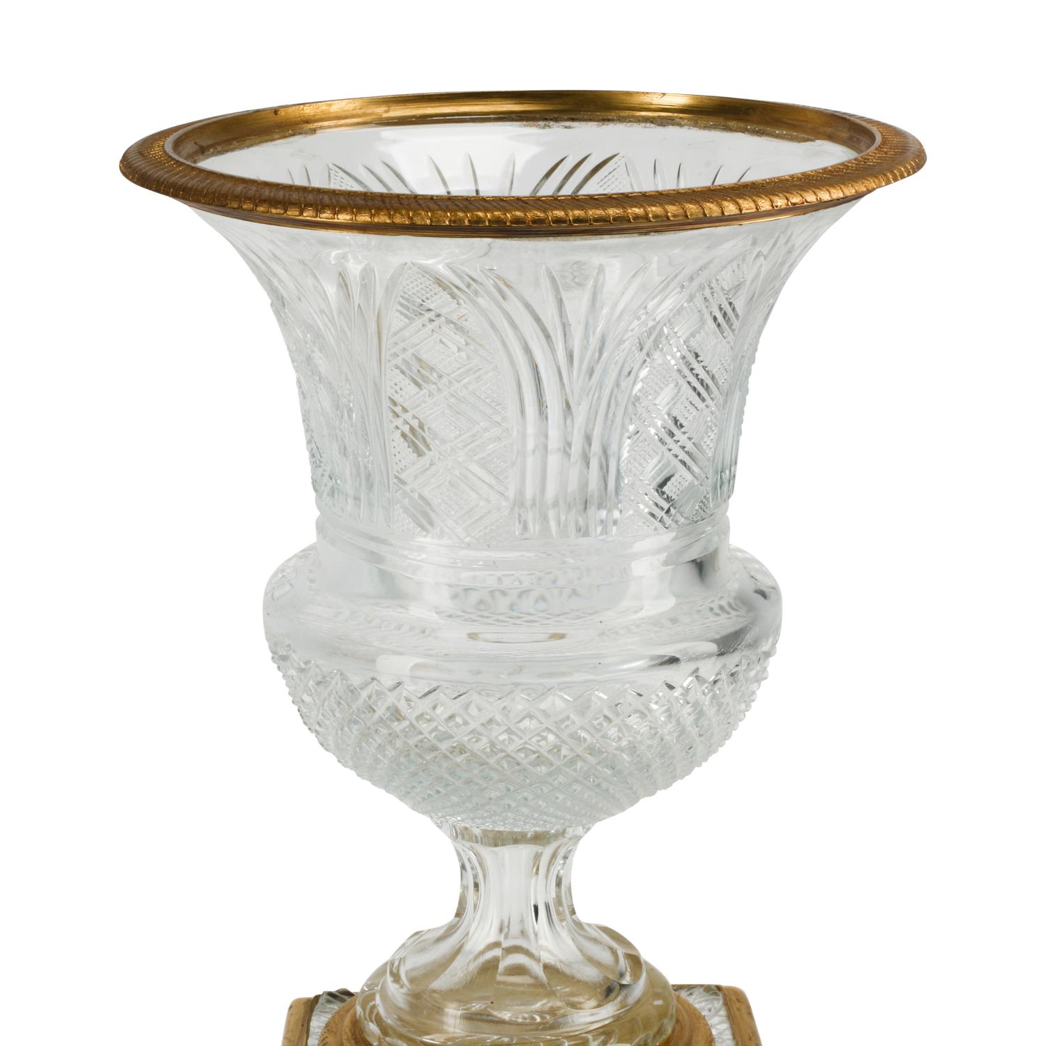 A Pair of Empire Style Gilt Bronze Mounted Cut Glass Campagna Urns