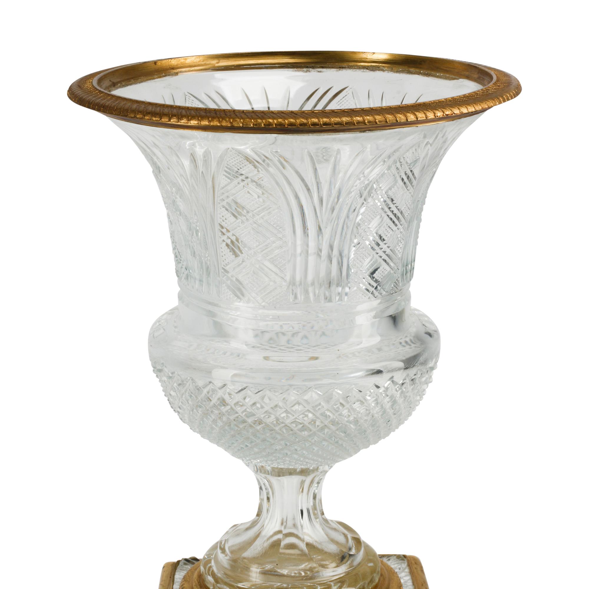 A Pair of Empire Style Gilt Bronze Mounted Cut Glass Campagna Urns