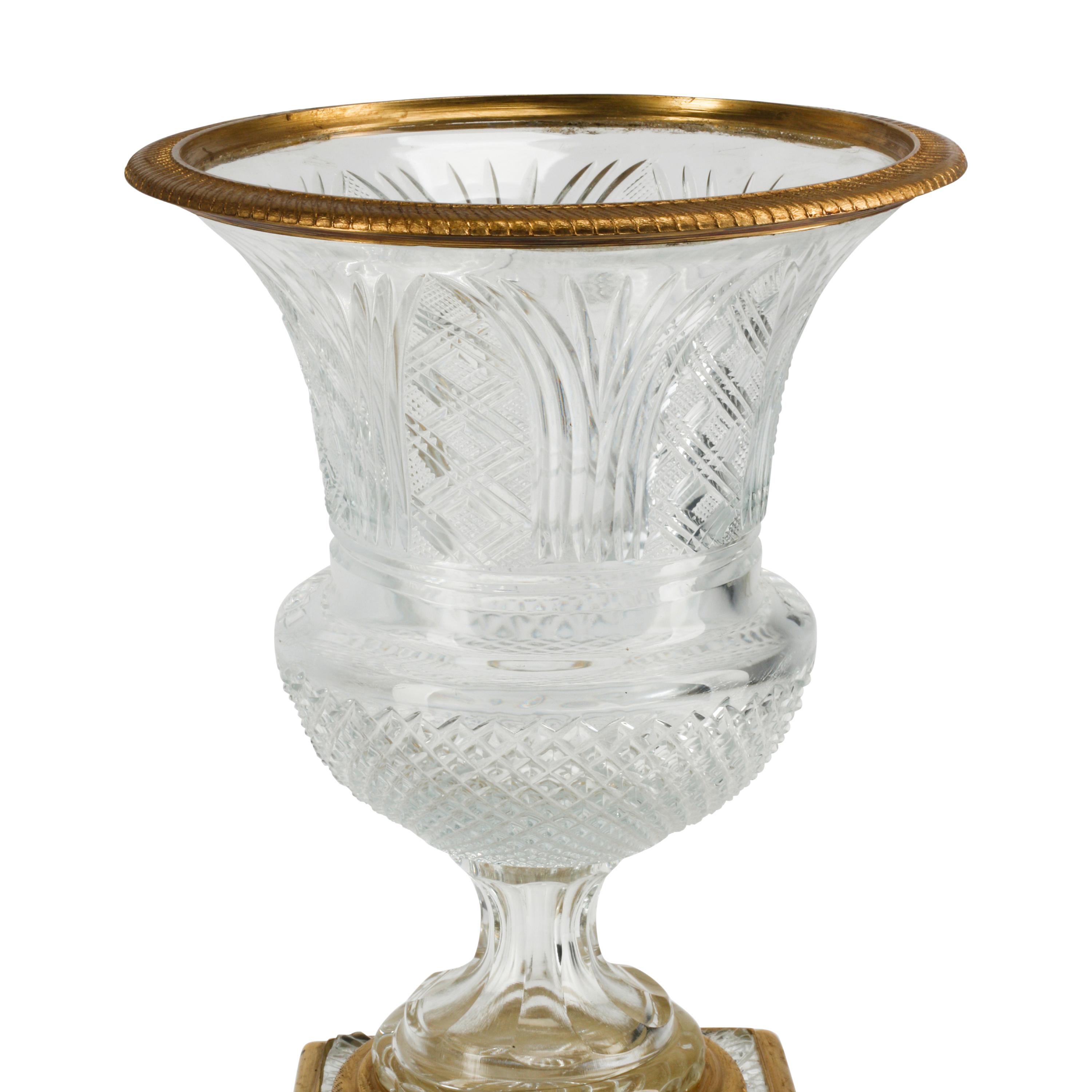 A Pair of Empire Style Gilt Bronze Mounted Cut Glass Campagna Urns