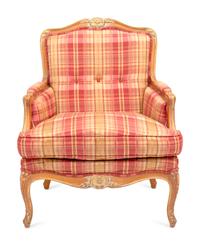 A Louis XV Style Parcel Gilt Plaid Upholstered Bergère