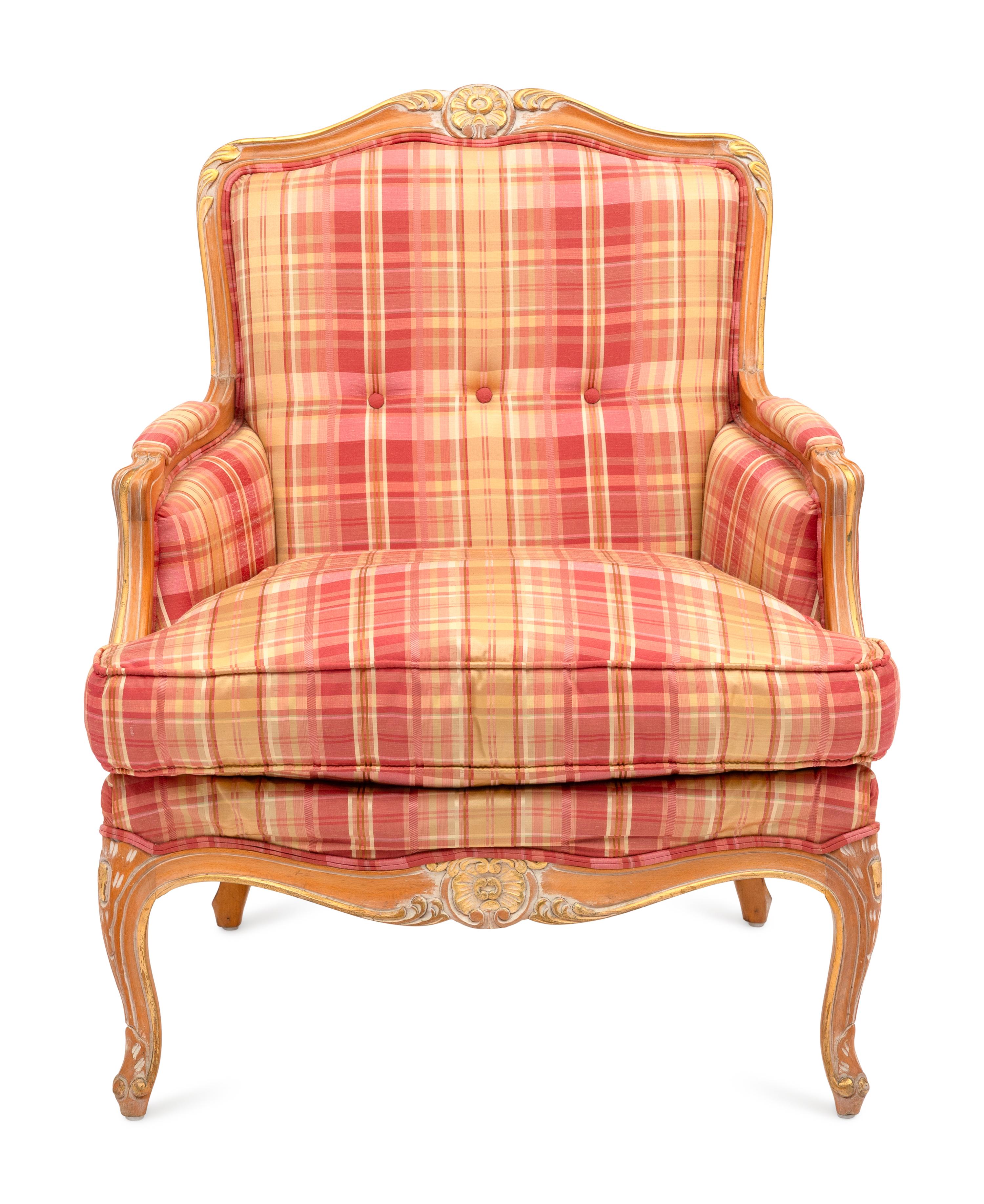 A Louis XV Style Parcel Gilt Plaid Upholstered Bergère