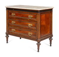A Pair of Louis XVI Style Gilt Bronze Mounted Mahogany Marble-Top Chests of Drawers