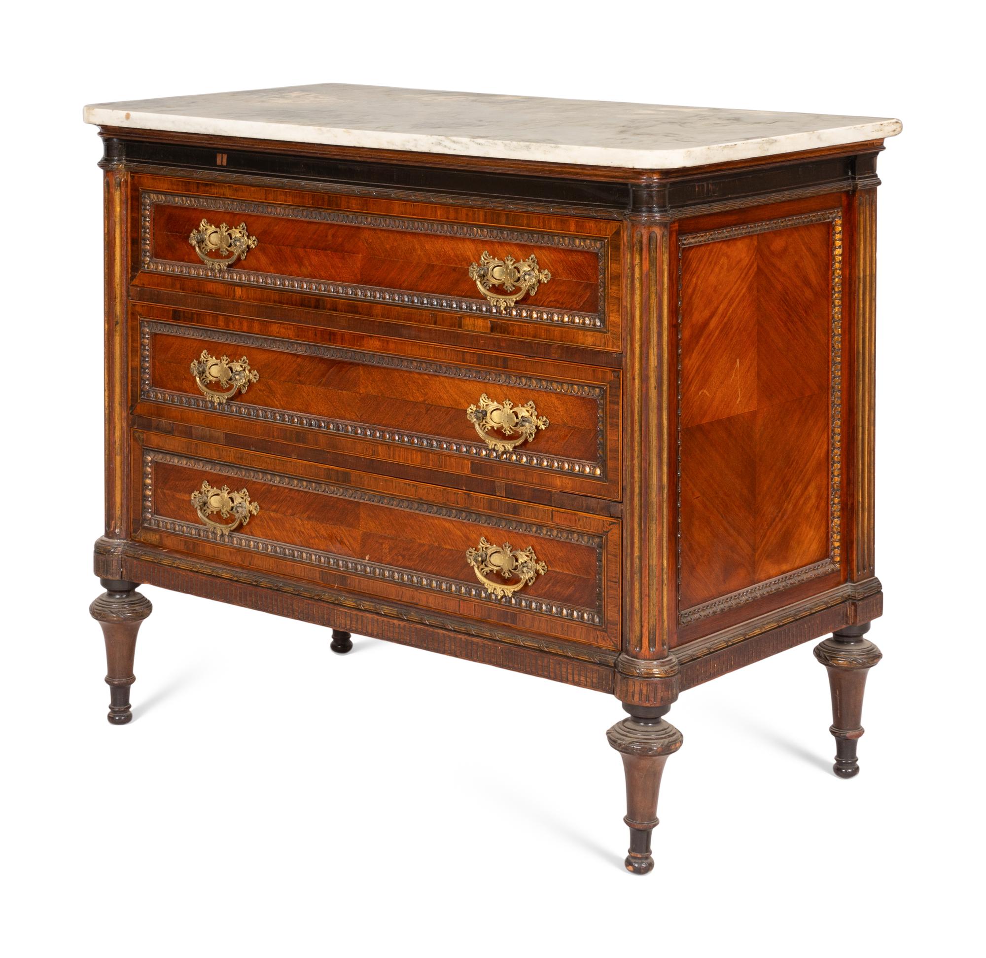 A Pair of Louis XVI Style Gilt Bronze Mounted Mahogany Marble-Top Chests of Drawers