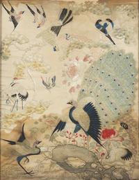 A Chinese Cantonese Embroidered Silk Inset Mother-of-Pearl Inlaid Rosewood Wall Panel, Late Qing Dynasty 清晚期 粵綉百鳥朝鳳圖挂屏