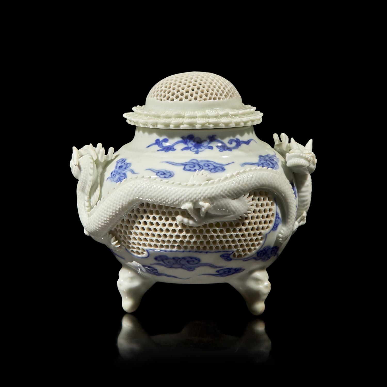 A Japanese Hirado "Dragons" Koro with Reticulated Cover and Base, Meiji Period