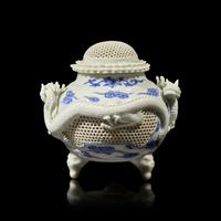 A Japanese Hirado "Dragons" Koro with Reticulated Cover and Base, Meiji Period