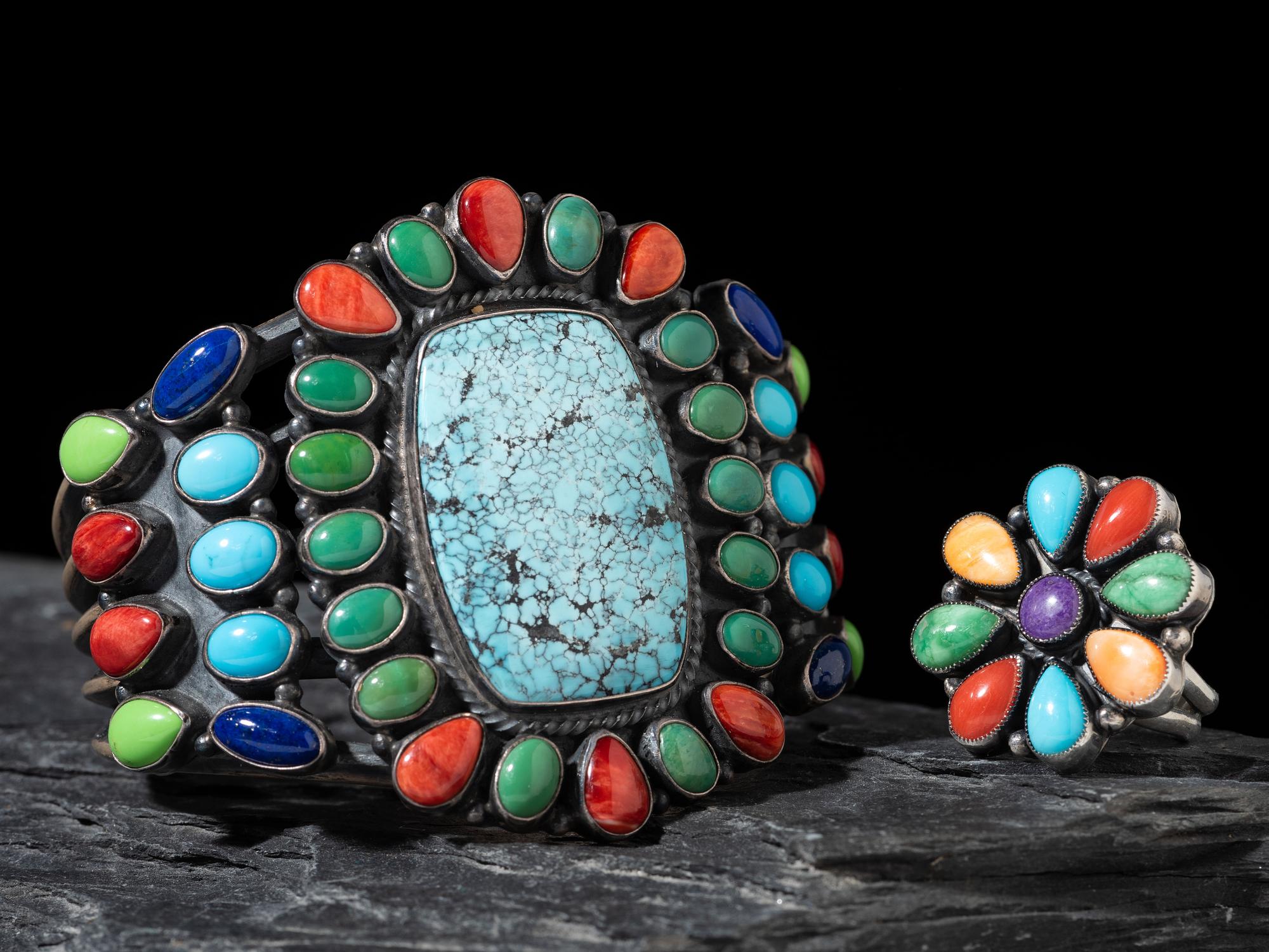 Silver and Multistone Cluster Cuff Bracelet, PLUS
