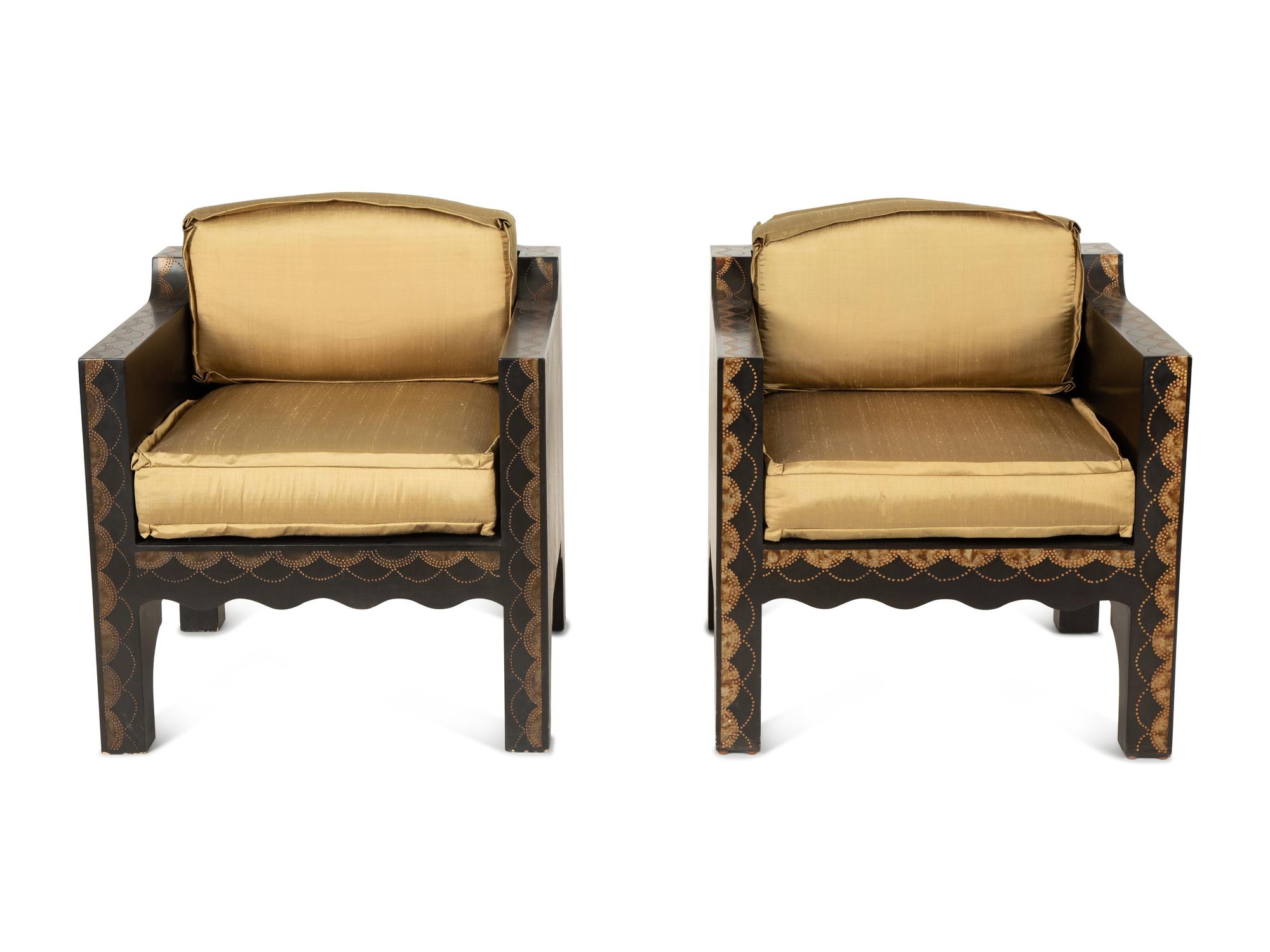 A Pair of Art Deco Style Painted and Ebonized Wood Armchairs — 20th Century