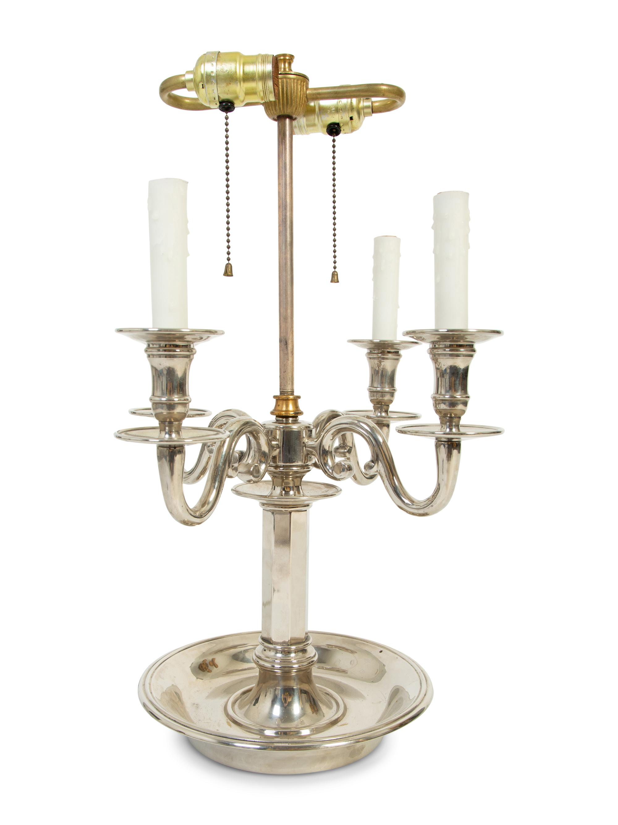 A French Silvered Brass Four-Arm Bouillotte Lamp with a Tole Shade