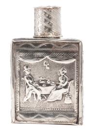 A German Silver Allegorical Bottle with Lid, , of rectangular form with chased figural decoration, inscribed on bottom.