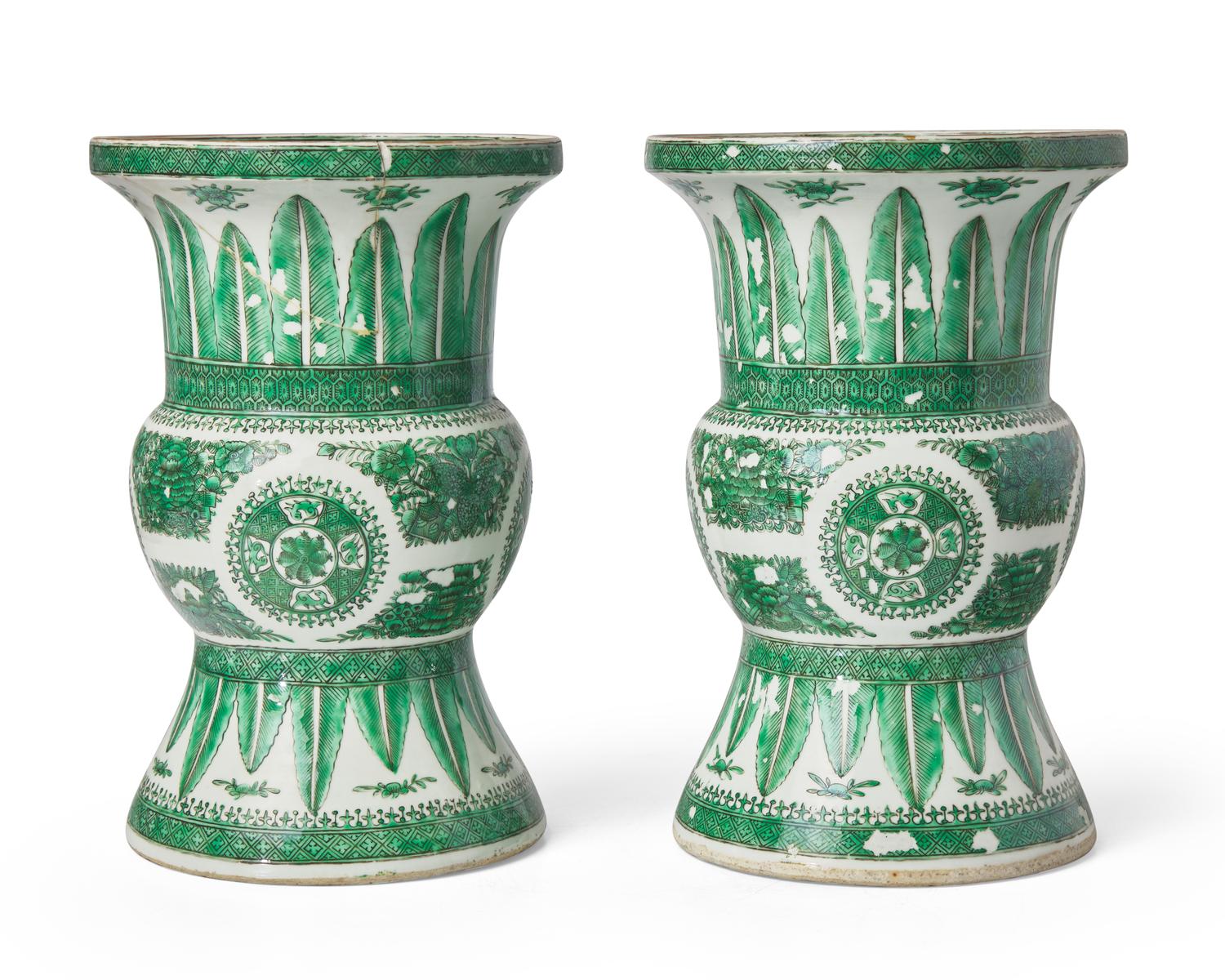 A pair of Chinese Export porcelain green "Fitzhugh" gu-form vases, circa 1800