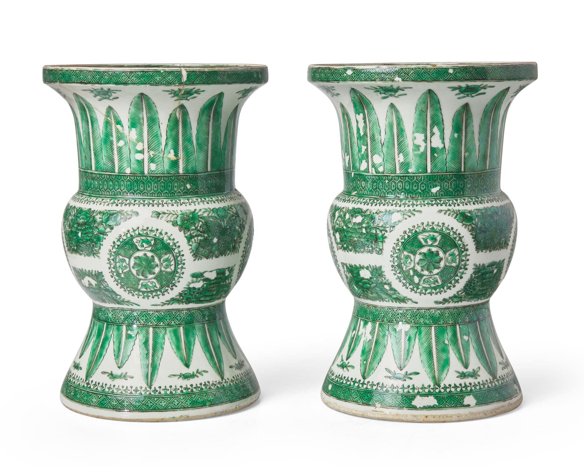 A pair of Chinese Export porcelain green "Fitzhugh" gu-form vases, circa 1800
