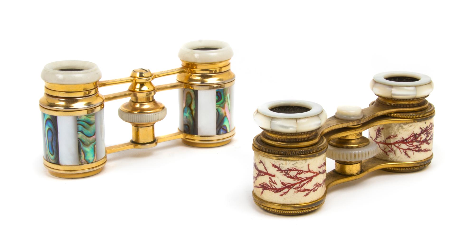 Two Pairs of French Mother-of-Pearl Veneered Opera Glasses, Width of first 3 1/2 inches.