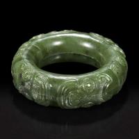 A Chinese spinach jade double ring 碧玉御题诗蚩尤环