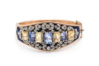SAPPHIRE, DIAMOND AND ENAMEL BANGLE BRACELET