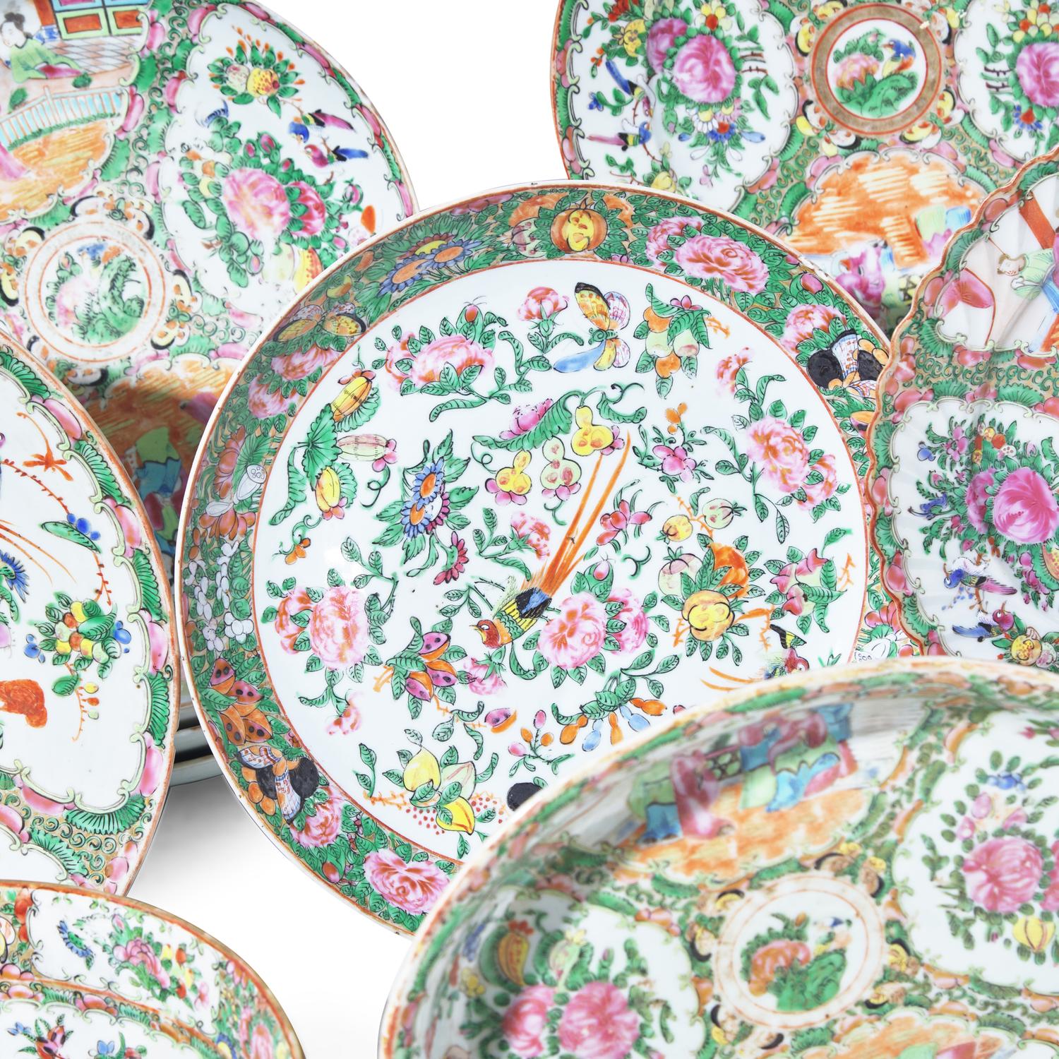 A Large Group of Thirty-Seven Chinese Export Porcelain Rose Medallion Tablewares