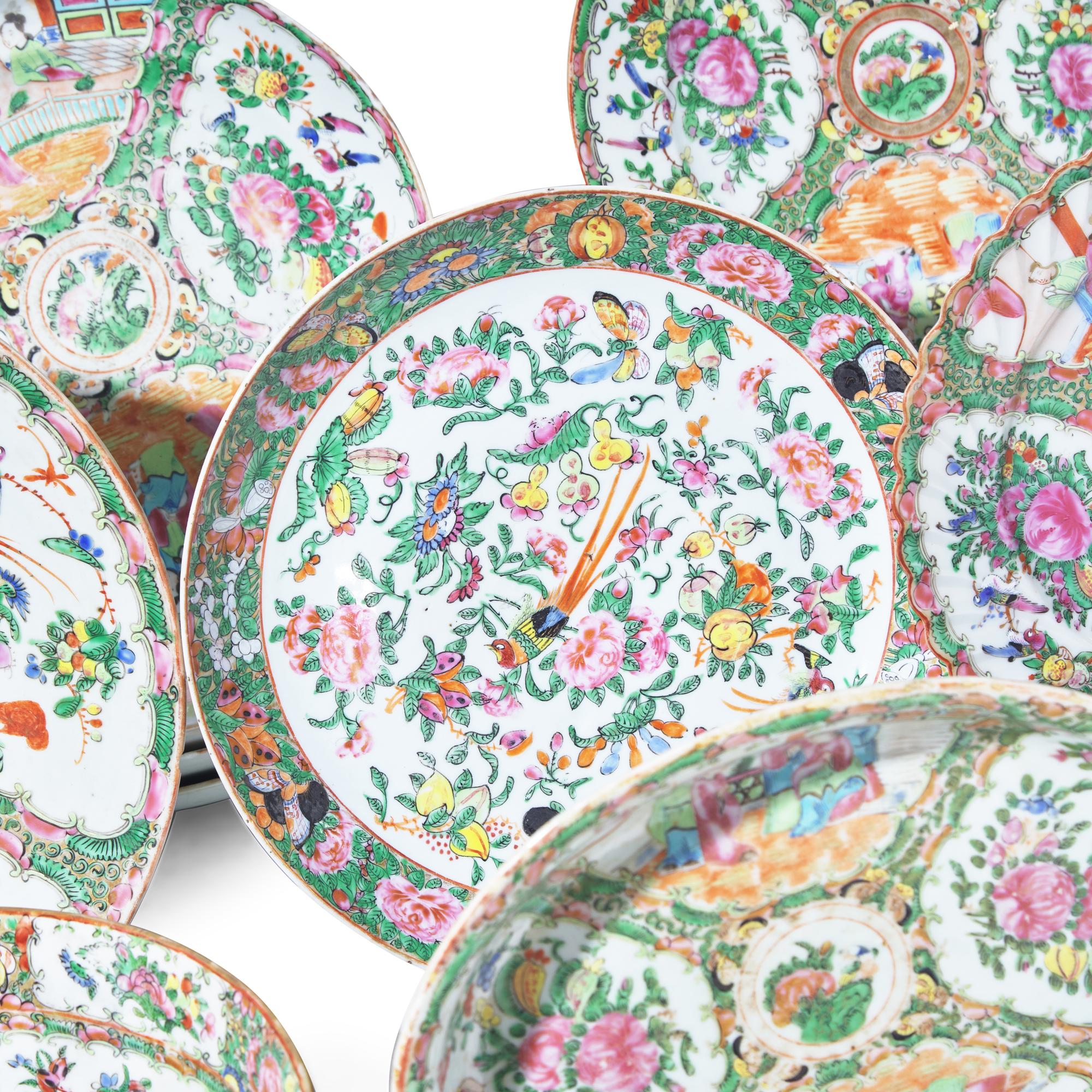 A Large Group of Thirty-Seven Chinese Export Porcelain Rose Medallion Tablewares