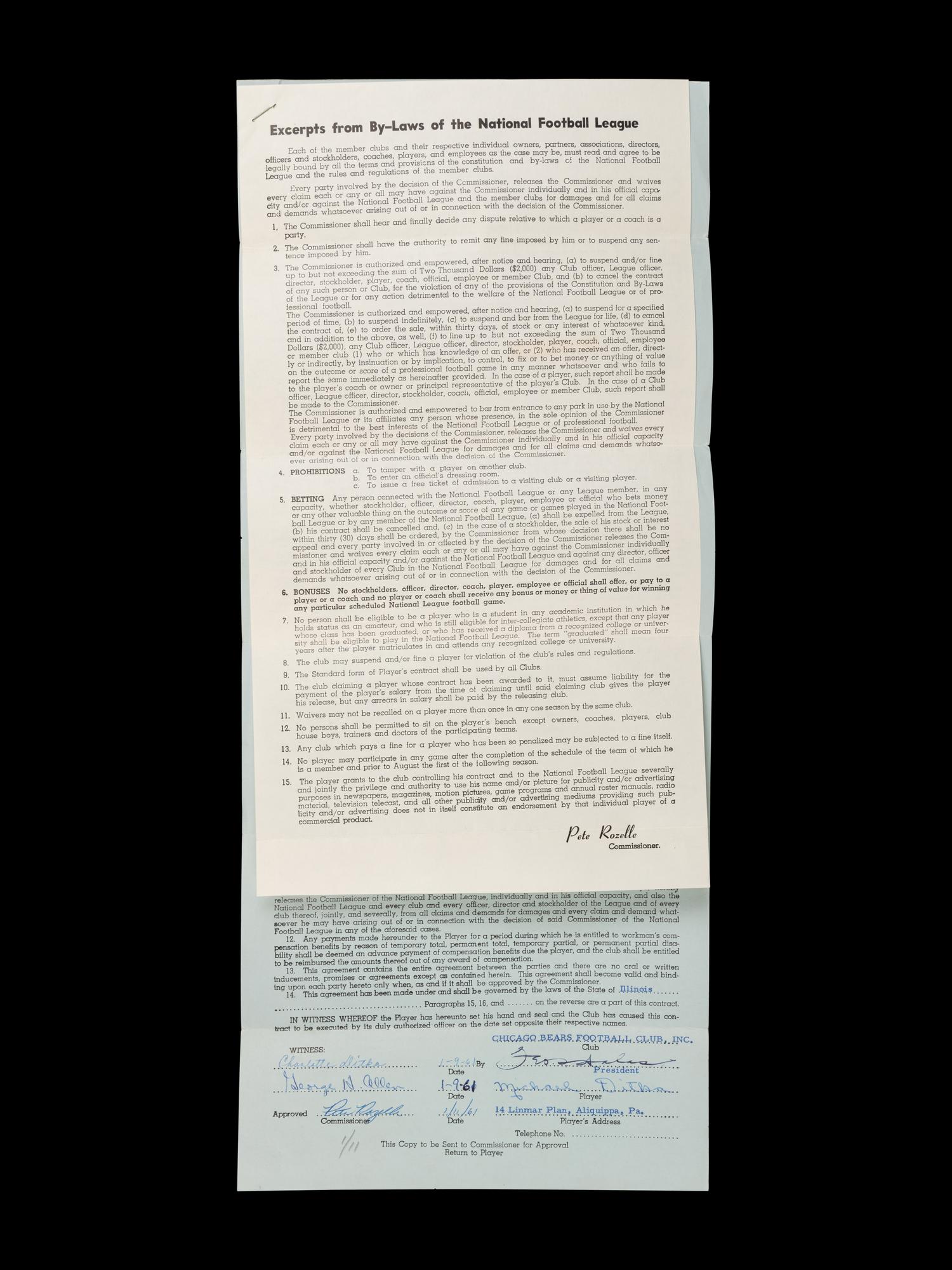 Mike Ditka's 1961 Chicago Bears Rookie NFL Player Contract Signed by Ditka, George Halas and Pete Rozelle