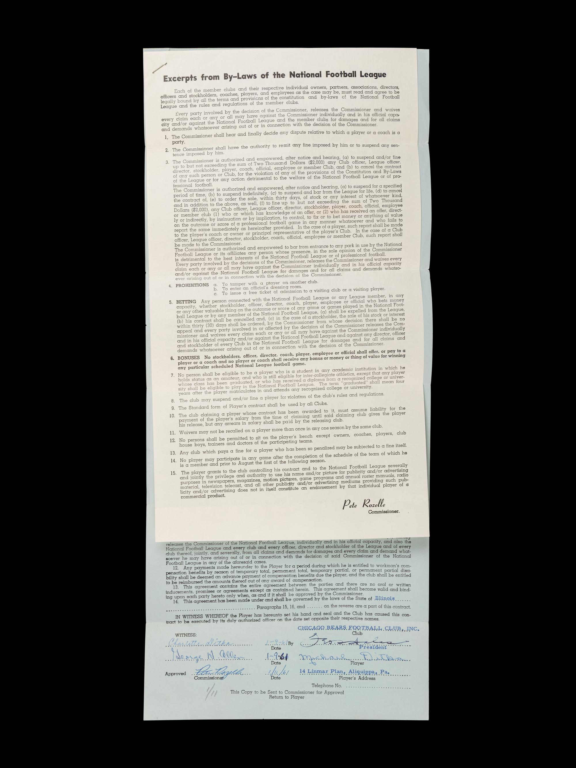 Mike Ditka's 1961 Chicago Bears Rookie NFL Player Contract Signed by Ditka, George Halas and Pete Rozelle